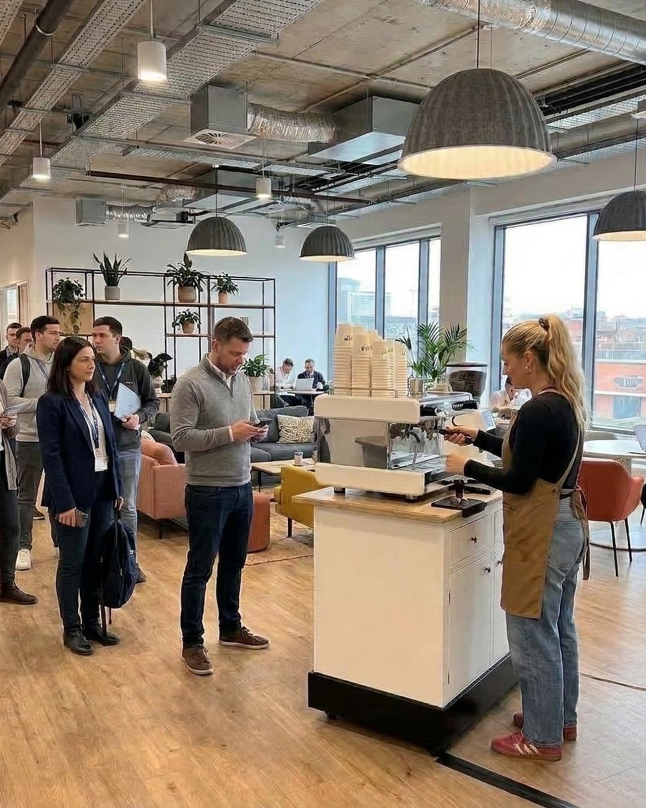 Sip Social coffee cart serving a queue at a modern office event